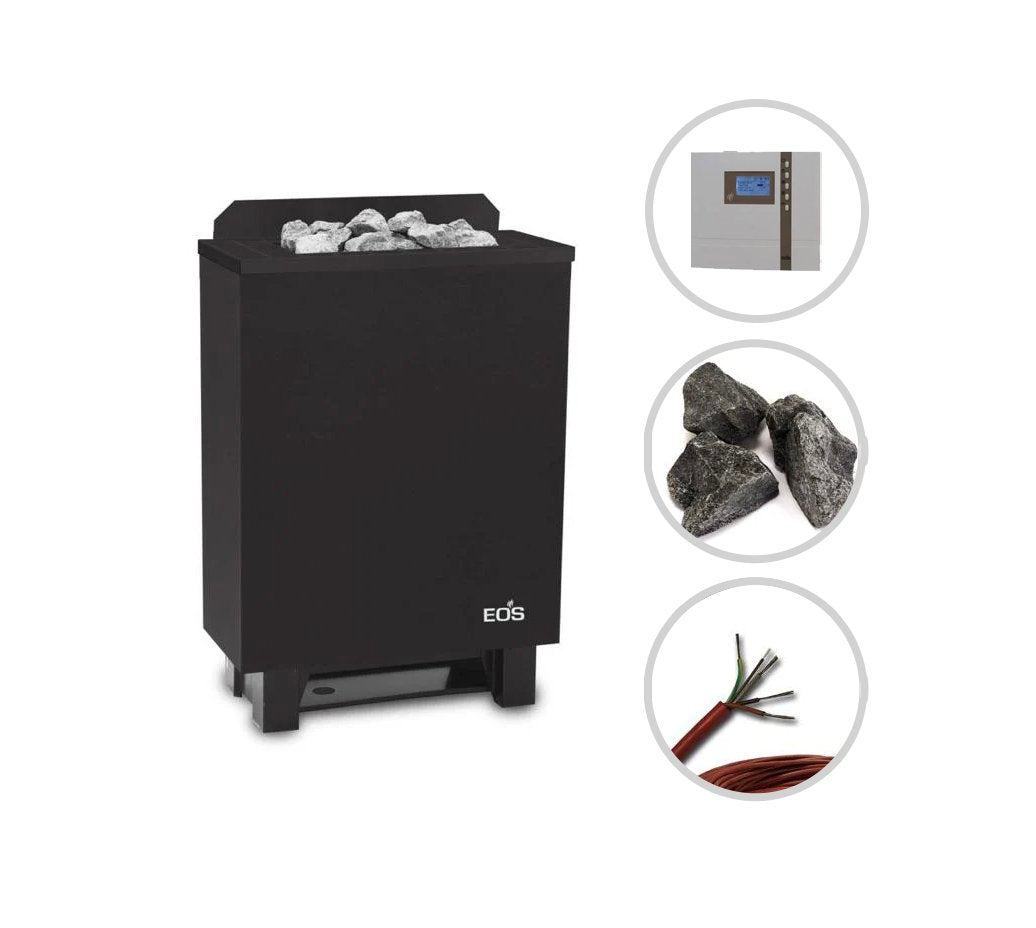 Unsere Saunaofen Sets bestehen aus einem Saunaofen, einem Sauna Steuergerät, Silikonkabel und Saunasteine.