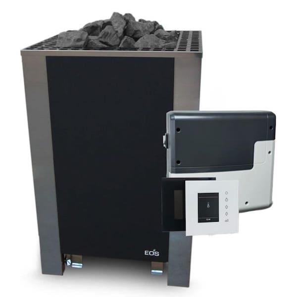 Saunaofen Set Black Rock & EmoStyle D. Standofen für den gewerblichen Einsatz. Der EOS BlackRock überzeugt mit seinem minimalistischen, geradlinigen Design. Das einheitliche Aussehen an allen Seiten passt perfekt für die Aufstellung vor einer Glasfläche oder für die zentrale Platzierung. Anschlusskasten im Ofen integriert, Anschluss auf der Unterseite.