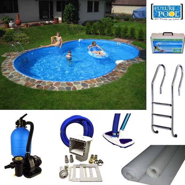 Achtformbecken Stahlwandpool auf Rasenfläche mit Familie