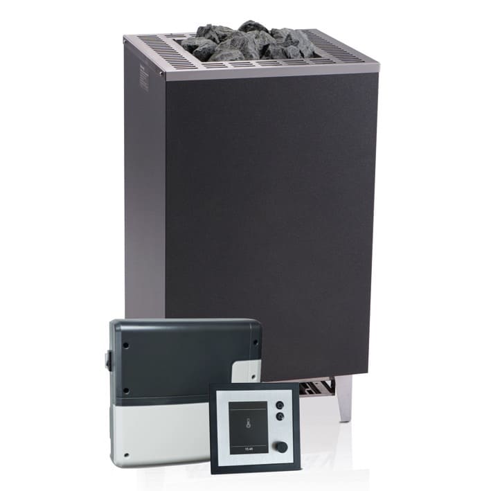 EOS Cubo Hochwertiger Standofen für den finnischen Saunabetrieb im Set mit dem modernen Saunasteuergerät Emotec D. geeignet für die private und gewerbliche Nutzung.