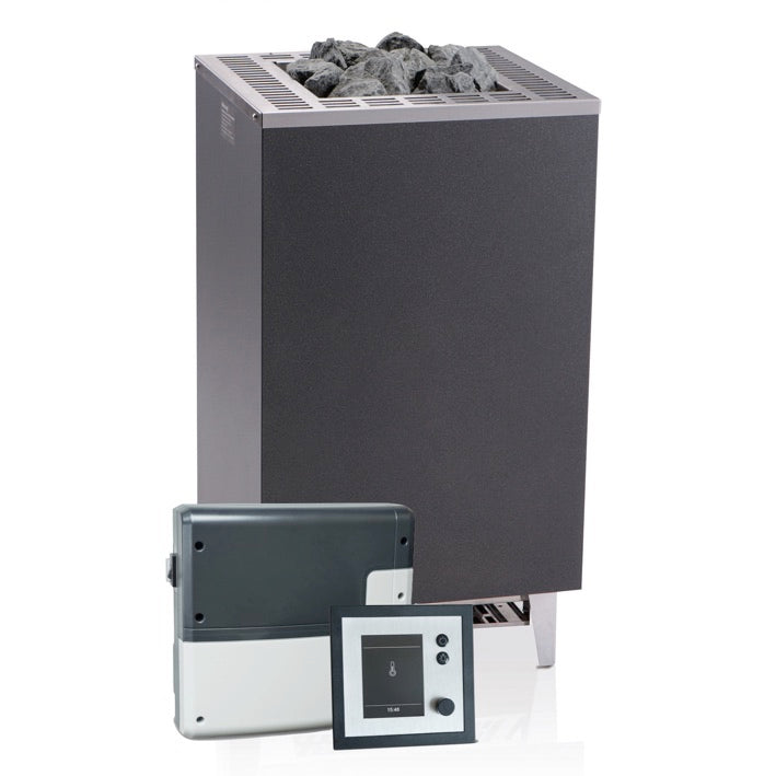 EOS Cubo Hochwertiger Standofen für den finnischen Saunabetrieb im Set mit dem modernen Saunasteuergerät Emotec D. geeignet für die private und gewerbliche Nutzung.