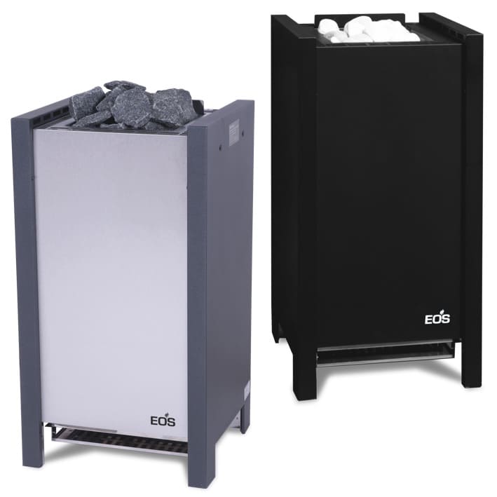 Saunaofen EOS Herkules S25 Kontrastreicher Standofen der Luxus-Klasse für die Finnische Sauna. Black Edition. Für kompakte, mittelgroße Saunakabinen. Die Front aus gebürstetem Edelstahl steht im betonten Kontrast zu den Seitenteilen im Anthrazit Perleffekt. Dank der flachen Rückseite eignet sich der Herkules ideal für die Aufstellung vor Glasflächen. 25 kg Steine sorgen für kräftige Aufgüsse und besonders großes Wärmespeichervermögen.