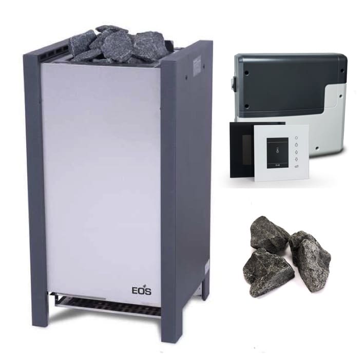 Saunaofen EOS Herkules S25 Kontrastreicher Standofen der Luxus-Klasse für die Finnische Sauna. Für kompakte, mittelgroße Saunakabinen. Die Front aus gebürstetem Edelstahl steht im betonten Kontrast zu den Seitenteilen im Anthrazit Perleffekt. Dank der flachen Rückseite eignet sich der Herkules ideal für die Aufstellung vor Glasflächen. 25 kg Steine sorgen für kräftige Aufgüsse und besonders großes Wärmespeichervermögen.