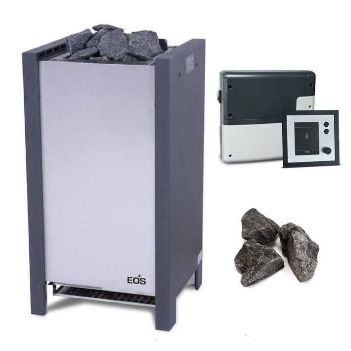 Saunaofen EOS Herkules S25 Kontrastreicher Standofen der Luxus-Klasse für die Finnische Sauna. Für kompakte, mittelgroße Saunakabinen. Die Front aus gebürstetem Edelstahl steht im betonten Kontrast zu den Seitenteilen im Anthrazit Perleffekt. Dank der flachen Rückseite eignet sich der Herkules ideal für die Aufstellung vor Glasflächen. 25 kg Steine sorgen für kräftige Aufgüsse und besonders großes Wärmespeichervermögen.