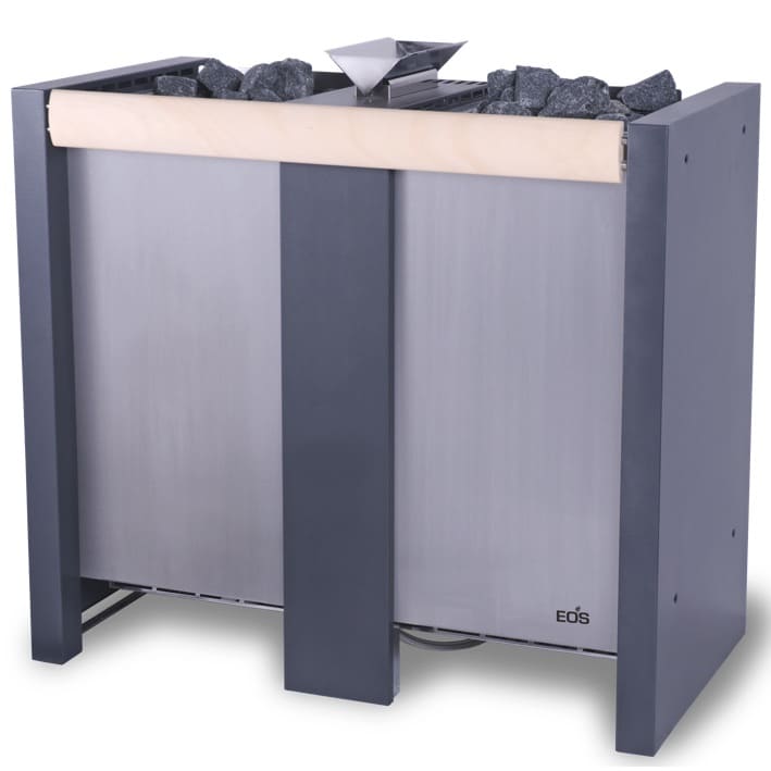 Flaggschiff der EOS Herkules Serie für die intensive gewerbliche Finnische Sauna. Beeindruckende 120 kg Steine verteilt auf einzigartige getrennte Steinkörbe mit je 60 kg Steinvolumen sorgt für hohe Temperaturstabilität und ein besonders großes Wärmespeichervermögen. Die Frontseite aus gebürstetem Edelstahl bildet einen perfekten Kontrast zur Mittelsäule und den Seitenteilen mit Anthrazit Perleffekt Pulverbeschichtung.