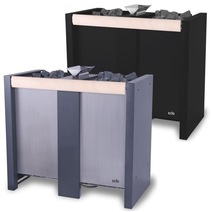 Flaggschiff der EOS Herkules Serie für die intensive gewerbliche Finnische Sauna. Beeindruckende 120 kg Steine verteilt auf einzigartige getrennte Steinkörbe mit je 60 kg Steinvolumen sorgt für hohe Temperaturstabilität und ein besonders großes Wärmespeichervermögen. Die Frontseite aus gebürstetem Edelstahl bildet einen perfekten Kontrast zur Mittelsäule und den Seitenteilen mit Anthrazit Perleffekt Pulverbeschichtung.