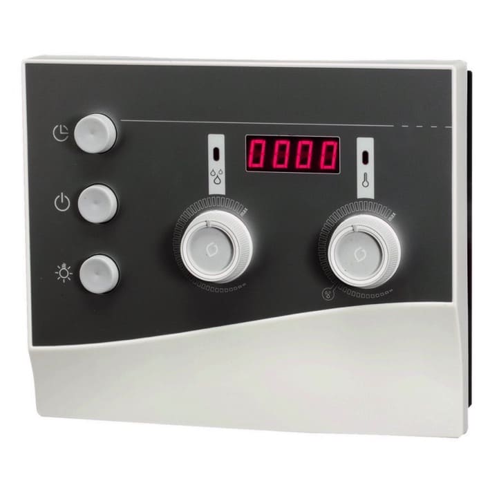 Diese Steuerung kombiniert Sauna- und Feuchtebetrieb mit hoher Qualität und niedrigem Preis. Temperatur stufenlos regelbar von 40 °C bis 125 °C .Temperatur- und Sicherheitsfühler für den Ofen . Abschaltung bei Fühlerbruch und Kurzschluss. Heizzeitbegrenzung 6 h. Lichtanschluss. Feuchtebetrieb, Temperaturwahl 40 °C bis 65 °C Verdampferleis .Wassermangelanzeige. Akustisches Signal. Anzeige der Betriebsart für Temperatur und Feuchte, Vorwahlzeit im 15-Minuten-Takt. Zweifühler-System