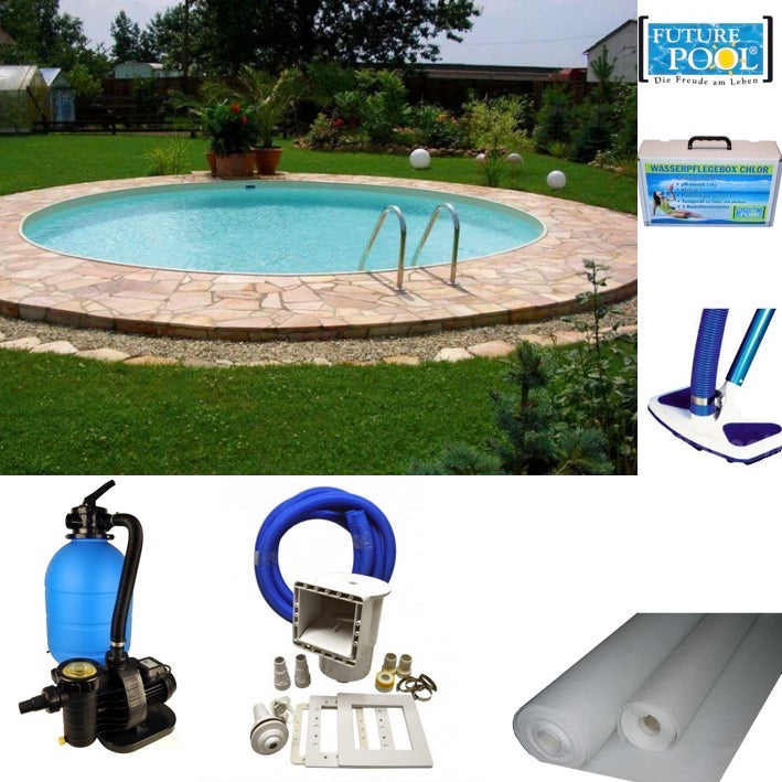 Rundbecken Stahlwandbecken mit Kombihandlauf / Innenhülle 0,8mm und Keilbiese Filteranlage TM 380 AquaPlus4 Quarzsand 25 kg Schutzvlies Zubehörpaket 1001 > Einbauskimmer EBS 1000 (inkl. Doppeldichtung für Einlaufdüse un Skimmer) Einlaufdüse 2" mit Schlauchanschluss. 2 Verbindungsschläuche NW 38 a 300 cm und Montagezubehör Bodensauger Classic Wasserpflegebox Chlor - Starterset für Ihren ersten Pool