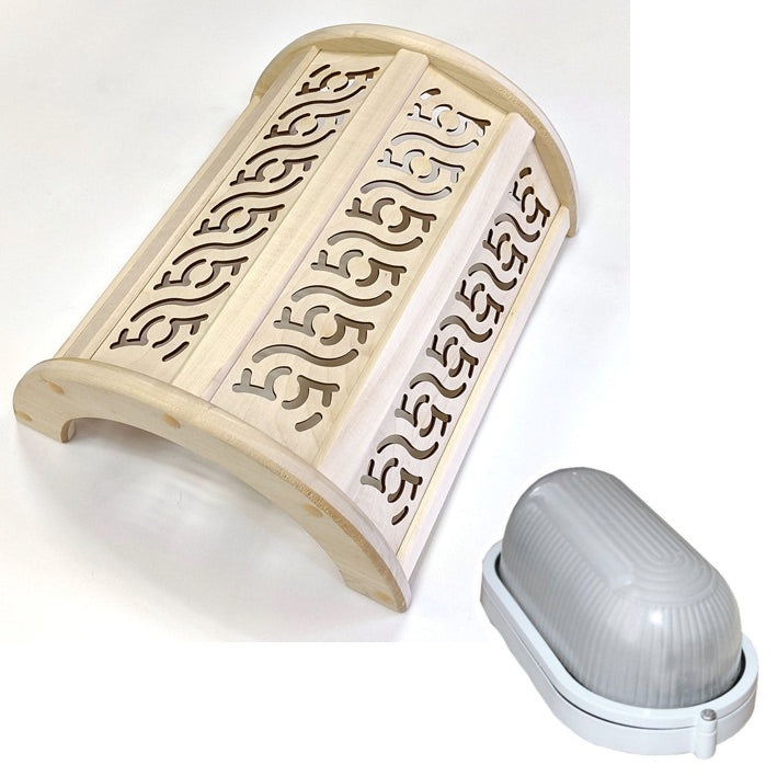 2 Tlgs. Saunaleuchte Set bestehend aus schönem hellem Sauna Blendschirm aus Lindenholz für die Wandmontage mit Feuchtraumleuchte. Perfekt für größere Saunakabinen mit optimaler Lichtverteilung