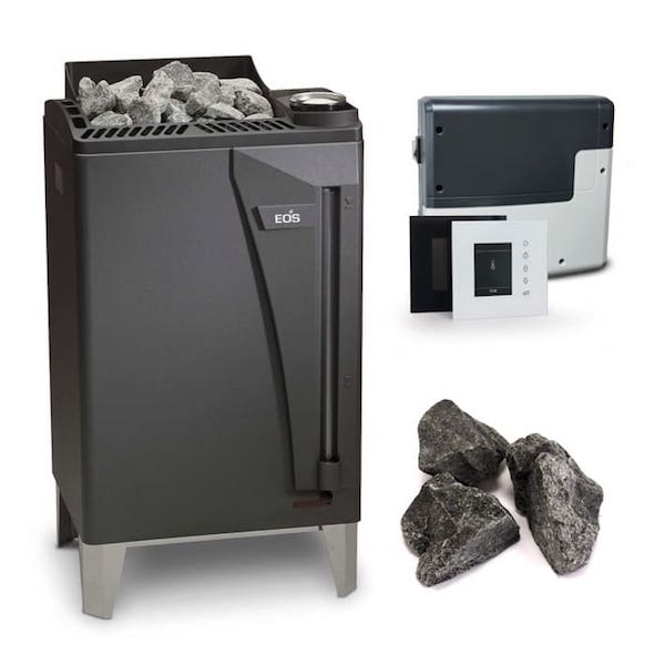 Bio Kombi Saunaofen Bi-O Max mit der Steuerung EmoStyle H im Set. Saunaofen der Premium Klasse von EOS Saunatechnik für die private und gewerbliche Nutzung mit 60 kg Steinvolumen für kräftige Aufgüse. Steinkorb ohne Kontakt mit den Heizstäben.