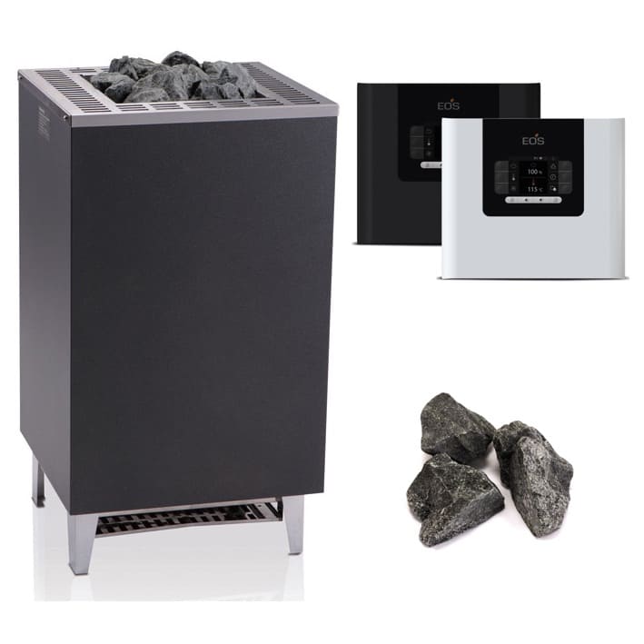 Saunaofen Cubo von EOS. Geeignet für die private Sauna und den moderaten gewerblichen Einsatz in Kabinen der Größe 7 - 18 m³. Robustes Saunaheizgerät im kubistischen, zeitlosen Design mit Abdeckung aus gebürstetem Edelstahl und Außenmantel in Anthrazit-Perleffekt Pulverbeschichtung.Mit dem neuen Steuergerät Compact DP im Set