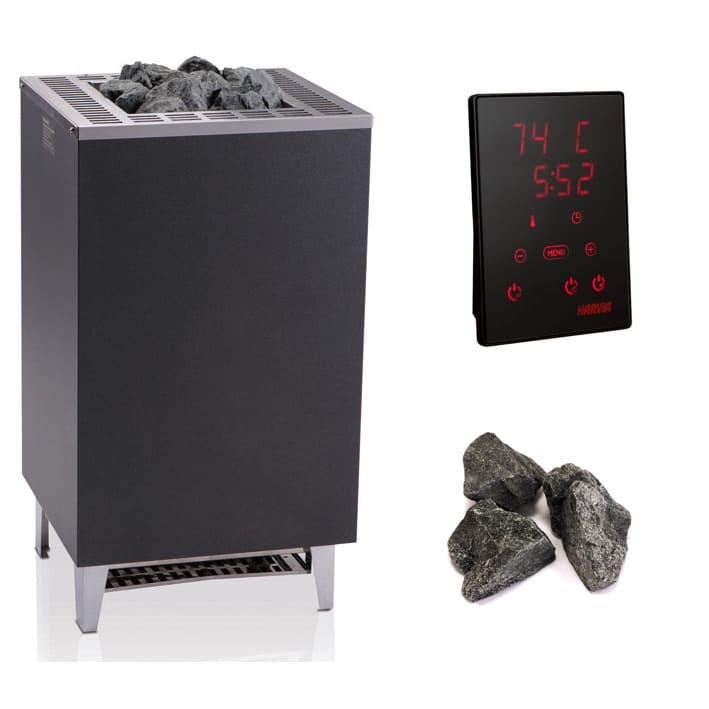 Saunaofen Set 7 Teilig, bestehend aus dem hochwertigen EOS Saunaofen Cubo und der innovativem WiFi fähigen Saunasteuerung Xenio CX170 WiFi, inkl.s Türsensor, Leistungseinheit, Anschlusskabel und 25 kG Saunasteine
