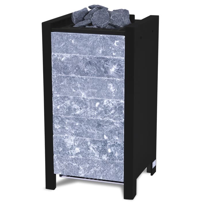 Zudem sorgt die Specksteinfront für eine angenehme Wärmestrahlung. Das Steinvolumen von 25 kg ermöglicht kräftige Aufgüsse und großes Wärmespeichervermögen. Die Steine befinden sich über den Heizstäben. Dies vereinfacht die Wartung und optimiert die Luftkonvektion. Die Heizstäbe können ohne Steinentnahme gewechselt werden.