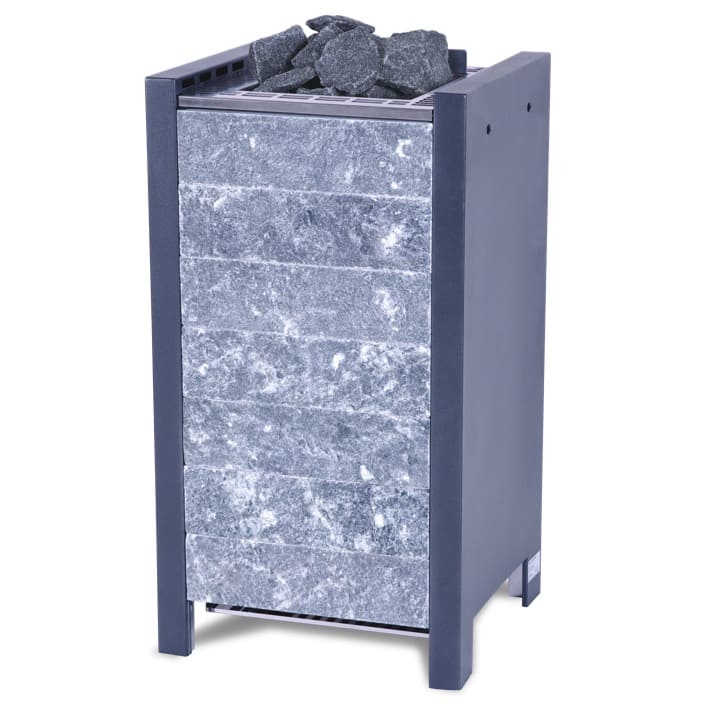 Zudem sorgt die Specksteinfront für eine angenehme Wärmestrahlung. Das Steinvolumen von 25 kg ermöglicht kräftige Aufgüsse und großes Wärmespeichervermögen. Die Steine befinden sich über den Heizstäben. Dies vereinfacht die Wartung und optimiert die Luftkonvektion. Die Heizstäbe können ohne Steinentnahme gewechselt werden.