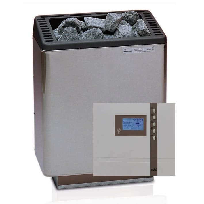 Saunaofen EOS 9kW | Hochwertiger Saunaofen für private und gewerbliche Saunen. Eignet sich für private Saunen, sowie für gewerbliche Anlagen. Im Bausatz mit der Saunasteuerung Econ D2, einer Saunatür, Sauna Dampfsperre mit Klebeband, Saunalicht und Anschlusskabel.