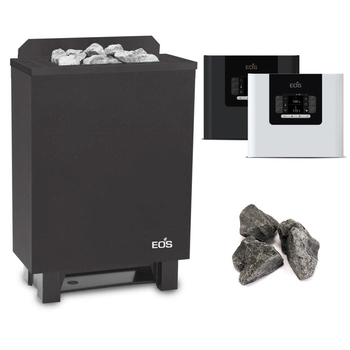 Saunaofen Set von EOS mit dem eleganten und platzsparenden Saunaofen Gracil Standofen "Black Line Edition" mit hochwertiger, kratzfester Beschichtung in Schwarz matt* mit der neuen Steuerung Compact