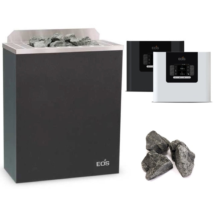 Saunaofen Set von EOS mit dem eleganten und platzsparenden Saunaofen Gracil W Wandmodell mit der neuen Steuerung Compact