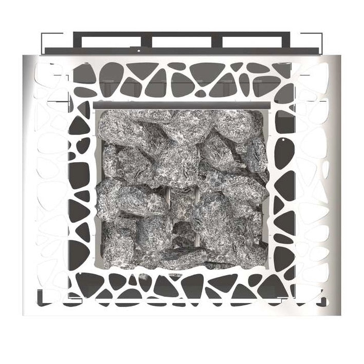 Die asymmetrischen Ausschnitte in der Abdeckung sorgen nicht nur für eine optimale Luftkonvektion, sondern geben dem Saunaofen sein einzigartiges Design. Die Kombination aus gebürstetem Edelstahl und der eleganten Front in anthrazitfarbener Pulverbeschichtung unterstreicht den modernen Charakter. Dabei brechen die abgerundeten Ecken das ansonsten geradlinige Design auf.