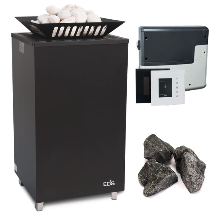 Saunaofen Set mit dem Exlusivem Saunaofen Avantgarde in schwarz von EOS mit zusätzlichen 10 kg weißen Quarzsteinen und der Premium Saunasteuerung EmoStyle D mit hochwertigem Touchdisplay aus Glas und zahlreichen Funktionen.