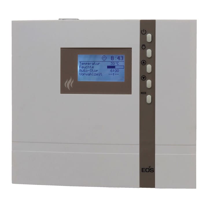 Saunasteuerung Econ H3: Elektronisches Steuergerät (Finnisch + Bi-O), ideal für gewerbliche Nutzung. Heizzeitbegrenzung auch auf „unendlich“ einstellbar. 4 Benutzerprofile. Optionales Zubehör: Bankfühler: Ermöglicht optimierte Temperaturregelung bei größeren Saunaanlagen bzw. bei komplizierten Layouts. F2 Feuchtefühler: Ermöglicht präzise Feuchteregelung nach relativer Luftfeuchte.