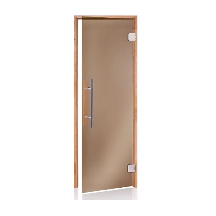 Saunatür aus Glas mit bronziertem Glas Die Scharniere sind aus Edelstahl und der lange Premium Griff innen aus Holz und außen aus Edelstahl. Der Rahmen ist vierseitig aus Espenholz. Diese Saunatür hat ein Einbaumaß von 69 x 199,4 cm.