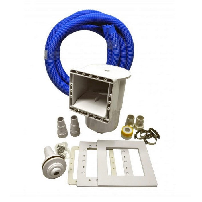 Einbauskimmer: Bestehend aus Einbauskimmer EBS 1001 (inkl. Doppeldichtung für Einlaufdüse und Skimmer) Einlaufdüse 2" mit Schlauchanschluss, 2 Verbindungsschläuchen NW 38a 300 cm und Montagezubehör.
