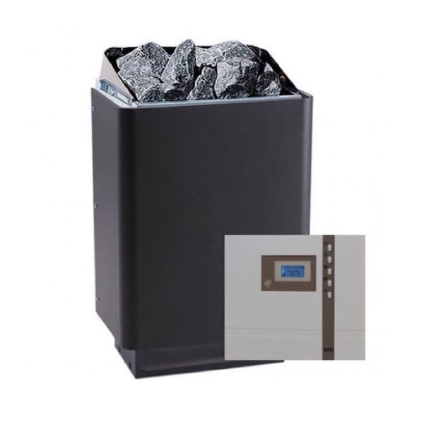 Klassicher Saunaofen 34 A in Anthrazit mit Saunasteuergerät Econ D1 von EOS Saunatechnik. Im Set mit Steinen und Anschlußkabel. Für die klassische finnische Sauna bis 115 °