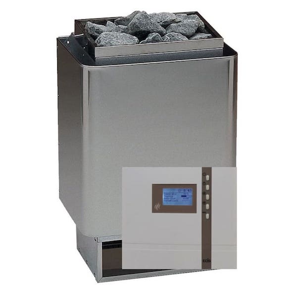 Saunaofen Set mit dem Basic Saunaofen 34 A mit Steuergerät Econ D2 mit Saunasteinen und Silikonkabel. Optional kann man bei dem Steuergerät einen Bankfühler anschließen.