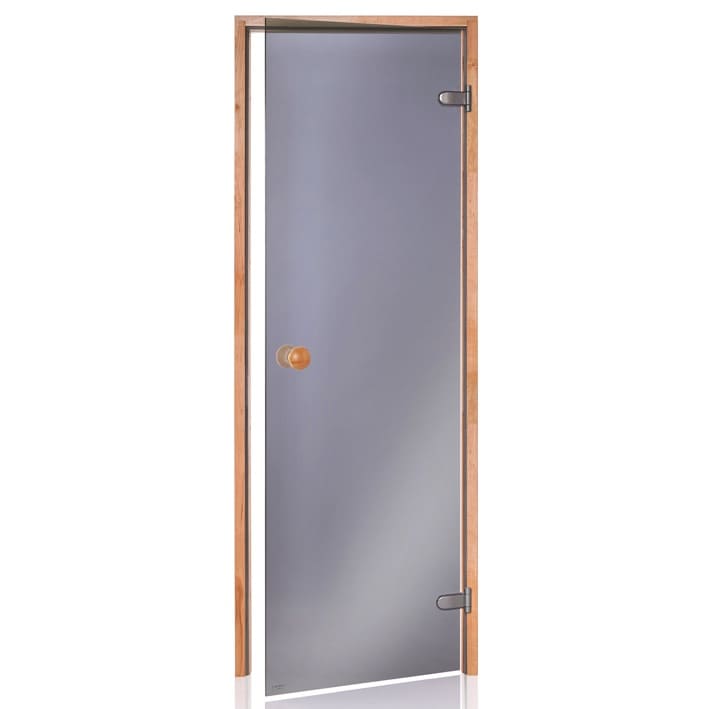 Klassische Saunatüre mit grauem Glas, durchsichtig in dem Einbaumaß 69 x 189,4 cm. Vierseitiger Espenrahmen