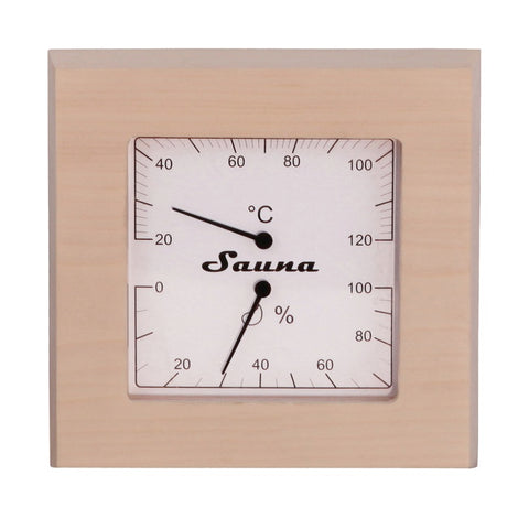 Universal Sauna Klimamesser von Sentiotec  Passt dekorativ in jede Saunakabine.  Beschreibung:  Klassisches Design. Gehäuse aus Espenholz. Anzeigebereich (Hygrometer): 0 – 100 % rel. Feuchte. Anzeigebereich (Thermometer): 0 - 120°C. Maße: 17 x 17 x 3,5 cm Gewicht: ca. 290 g