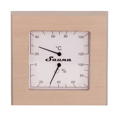 Universal Sauna Klimamesser von Sentiotec  Passt dekorativ in jede Saunakabine.  Beschreibung:  Klassisches Design. Gehäuse aus Espenholz. Anzeigebereich (Hygrometer): 0 – 100 % rel. Feuchte. Anzeigebereich (Thermometer): 0 - 120°C. Maße: 17 x 17 x 3,5 cm Gewicht: ca. 290 g