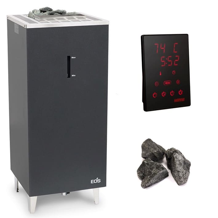 Saunaofen Set 8 Teilig, bestehend aus dem hochwertigen Kombiofen  EOS Saunaofen Bio Cubo und der innovativem WiFi fähigen Saunasteuerung Xenio Combi CX1104 WiFi, inkl.s Türsensor, Leistungseinheit, Anschlusskabel und 25 kG Saunasteine