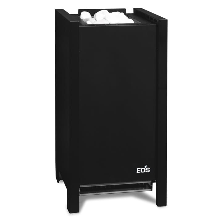 Saunaofen EOS Herkules S25 Kontrastreicher Standofen der Luxus-Klasse für die Finnische Sauna. Black Edition. Für kompakte, mittelgroße Saunakabinen. Die Front aus gebürstetem Edelstahl steht im betonten Kontrast zu den Seitenteilen im Anthrazit Perleffekt. Dank der flachen Rückseite eignet sich der Herkules ideal für die Aufstellung vor Glasflächen. 25 kg Steine sorgen für kräftige Aufgüsse und besonders großes Wärmespeichervermögen. 