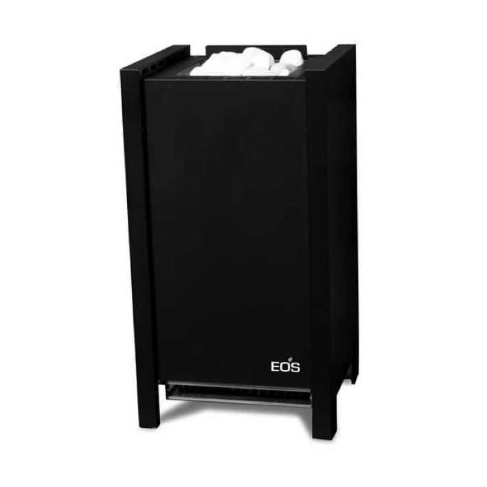 Saunaofen EOS Herkules S25 Kontrastreicher Standofen der Luxus-Klasse für die Finnische Sauna. Black Edition.  Für kompakte, mittelgroße Saunakabinen.   Die Front aus gebürstetem Edelstahl steht im betonten Kontrast zu den Seitenteilen im Anthrazit Perleffekt. Dank der flachen Rückseite eignet sich der Herkules ideal für die Aufstellung vor Glasflächen. 25 kg Steine sorgen für kräftige Aufgüsse und besonders großes Wärmespeichervermögen. 