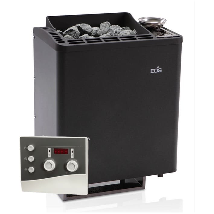 Moderner Kombisaunaofen Bio Tec mit Verdampfer für flexible Klimaeinstellungen, wie z.B. trockene Finnische Sauna, milde Dampfsauna, Kräuterbad. Die formschöne Aluminium-Druckguss-Abdeckung verleiht dem EOS Bi-O Tec W Ofen ein zeitloses, elegantes Design. Die doppelwandige Konstruktion mit Innenmantel aus Edelstahl sorgt für Robustheit und Langlebigkeit.Im Set mit der einfach zu bedienenden Saunasteuerung K3 Next mit zweitem Fühler von Sentiotec. 