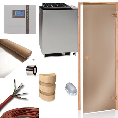 Der Sauna Bausatz für die Sanarium Sauna mit dem klassischen Saunaofen Bio Mat mit Steuergerät Econ H2 von EOS. Desweiteren sind eine Saunatür in Bronzeglas, Sauna Aluminiumfolie als Dampfsperre, Saunaleuchte mit Abdeckschirm und Silikon-Anschlusskabel enthalten.