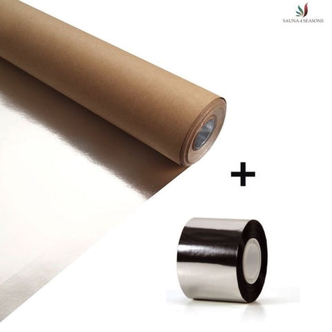Aluminiumfolie- beschichtet mit Pappe für den Saunabau als Sauna Dampfsperre | Sauna-Aluminiumfolie- beschichtetes Isolierpapier mit Wärme wiedergebender Oberfläche. Wird benötigt zum Selbstbau einer Sauna-Anlage. Die Folie besteht aus zwei Schichten. Die erste Schicht besteht aus 100% reinem Aluminium und die zweite Schicht aus spezieller wasserdichten Pappe.