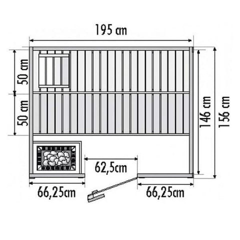 Saunakabine Basic Large 195x187 cm Ausstattung: Kabine aus Fichte Inneneinrichtung „Basic“ aus Linde 2 Bänke 50 cm 1 Kopfstütze 1 Lüftungsschieber 1 Ofenschutzgitter 1 Lampenschutz mit Lampe ohne Leuchtmittel 