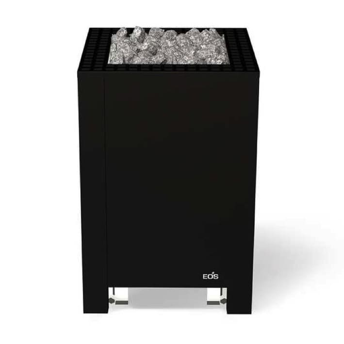 Saunaofen der Premium-Klasse für finnischen Saunabetrieb.  Standofen für den gewerblichen Einsatz.  Der EOS BlackRock überzeugt mit seinem minimalistischen, geradlinigen Design. Das einheitliche Aussehen an allen Seiten passt perfekt für die Aufstellung vor einer Glasfläche oder für die zentrale Platzierung. Anschlusskasten im Ofen integriert, Anschluss auf der Unterseite. Black Eition