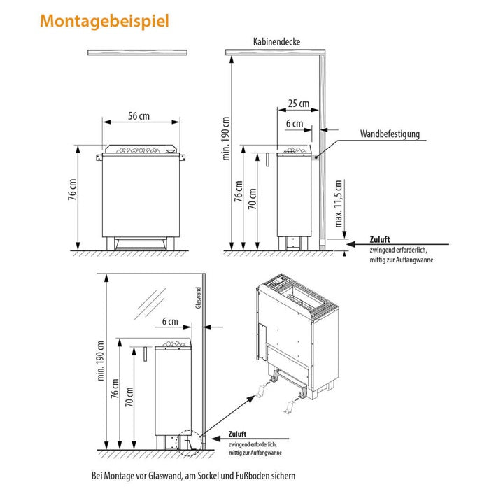 Montagebeispiel Gracil: Platzsparender Standofen mit integriertem Verdampfer für private Saunakabinen.  Vielseitiger Saunaofen mit Verdampfer. Saunaofen mit Verdampfer für flexible Klimaeinstellungen, wie z.B. trockene Finnische Sauna, milde Dampfsauna. Besonders platzsparende Konstruktion - nur 25 cm Bautiefe.