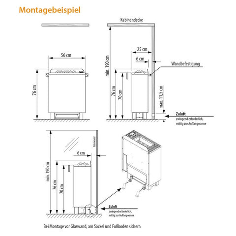 Montagebeispiel Gracil: Platzsparender Standofen mit integriertem Verdampfer für private Saunakabinen.  Vielseitiger Saunaofen mit Verdampfer. Saunaofen mit Verdampfer für flexible Klimaeinstellungen, wie z.B. trockene Finnische Sauna, milde Dampfsauna. Besonders platzsparende Konstruktion - nur 25 cm Bautiefe.