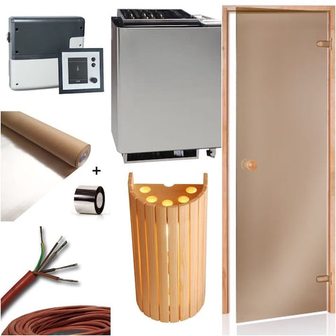 Der Sauna Bausatz für die Sanarium Sauna mit dem klassischen Saunaofen Bio Mat mit Steuergerät Emotec H von EOS. Desweiteren sind eine Saunatür in Bronzeglas, Sauna Aluminiumfolie als Dampfsperre, Saunaleuchte mit Abdeckschirm und Silikon-Anschlusskabel enthalten.