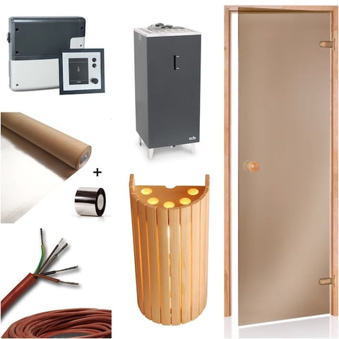 Premium Sauna Bausatz mit dem eleganten Kombi Saunaofen Bio Cubo und dem Steuergerät Emotec H. Im Bausatz enthalten sind des weiteren Saunatür, Saunalicht, Sauna Alminiumfolie als Dampfsperre und Silikon Anschlusskabel 