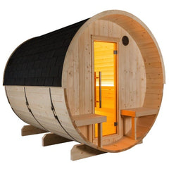 Hochwertiges Saunafass Kuusi von sentiotec in drei verschiedenen Größen und Varianten. geeignet für holzbeheizte Saunaöfen und elektrische Saunaöfen