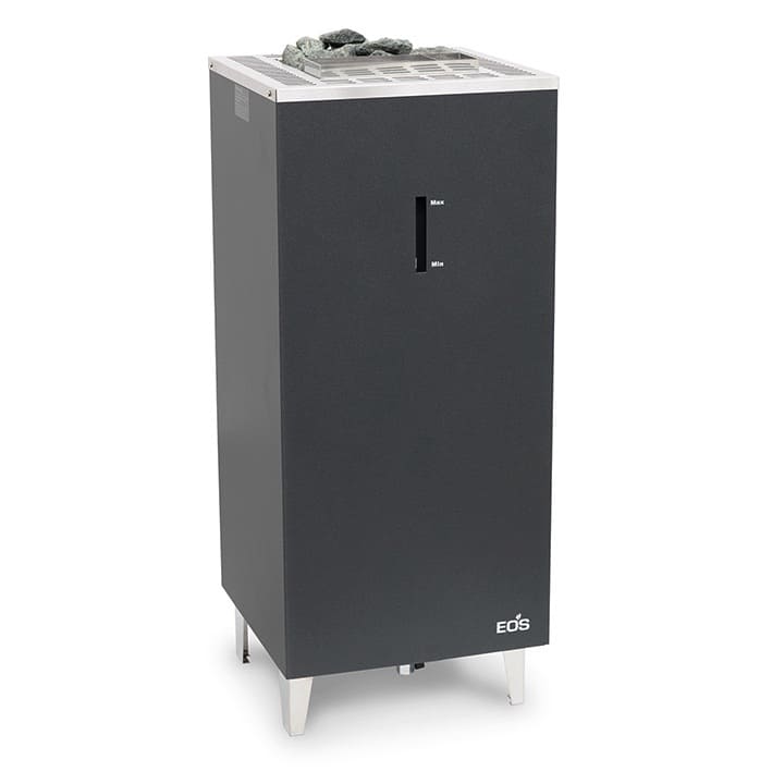 Mit seinem geradlinigen, kubistischen Design mit hochwertiger Anthrazit Perleffekt Pulverbeschichtung passt der EOS Bi-O Cubo perfekt zum modernen Saunadesign. Abdeckung aus gebürstetem Edelstahl. Doppelwandige Konstruktion mit Innenmantel aus Edelstahl. Dank der flachen Rückseite mit versenktem Anschlusskasten ist der EOS Bi-O Cubo platzsparend und kann auch vor Glasflächen montiert werden. 