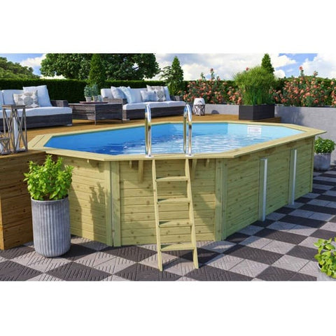 Trend Holzpool SET Achteck Langform | mit Metallecken | 610 x 400 x 124 cm