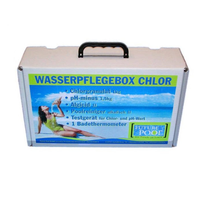     Wasserpflegebox Chlor - Starterset für Ihren ersten Pool     bestehend aus:      - 1 kg Chlorgranulat     - 1,5 kg pH-Minus     - 1 l Algicid     - 1 l Poolreiniger alkalisch     - 1 Chlor-pH-Testgerät     - 1 Badethermometer 25cm blau